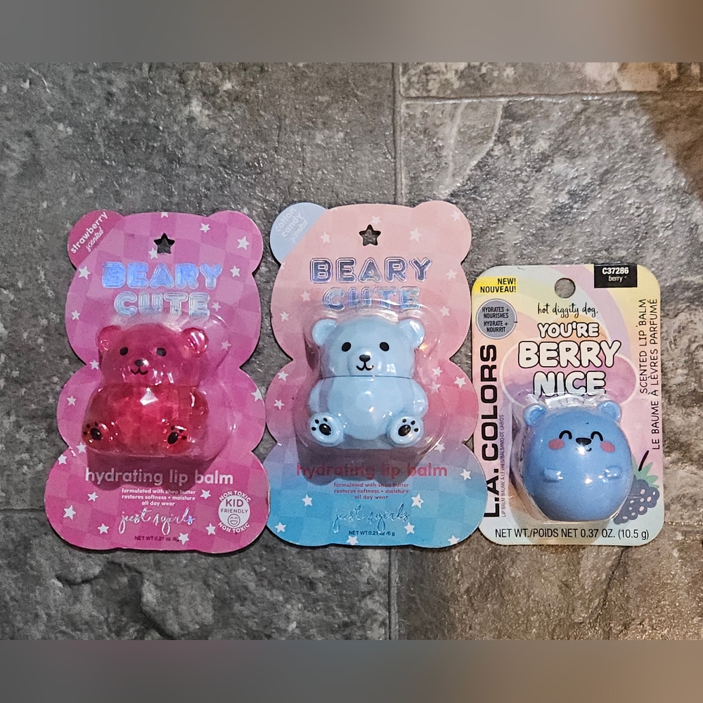 Beary Cute & Berry Nice Trio Of Lip Balms In Cute Bear Packaging BNIB
